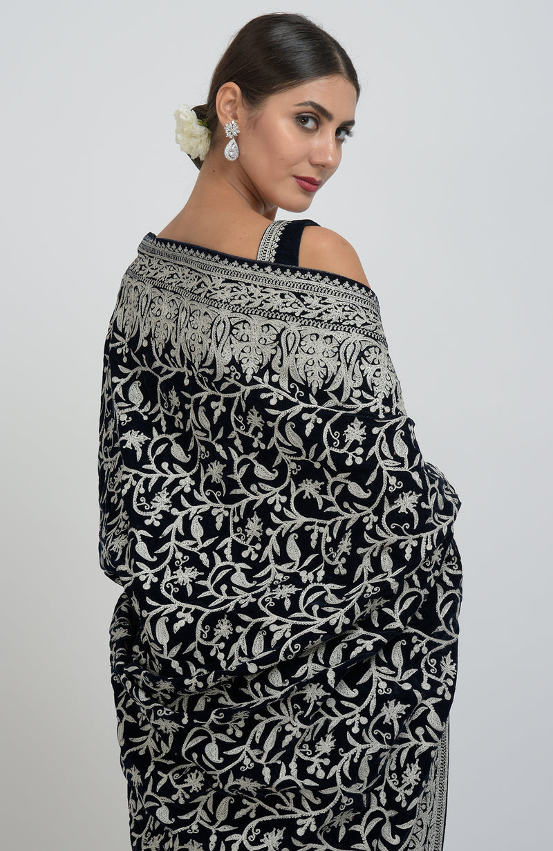 Midnight Blue Kashmiri Silver Tilla Aari Embroidered Velvet Saree
