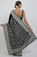 Midnight Blue Kashmiri Silver Tilla Aari Embroidered Velvet Saree