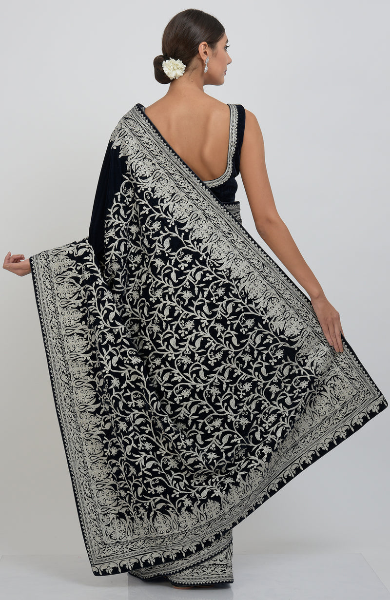 Midnight Blue Kashmiri Silver Tilla Aari Embroidered Velvet Saree