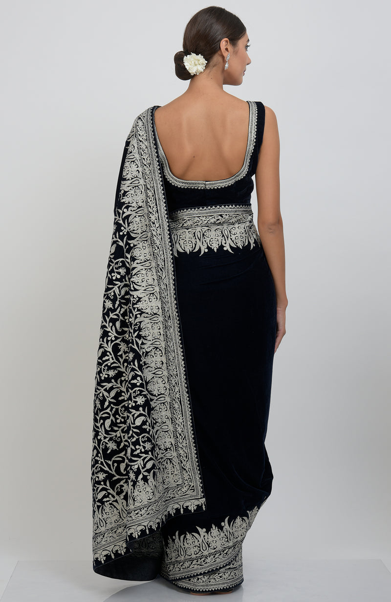 Midnight Blue Kashmiri Silver Tilla Aari Embroidered Velvet Saree