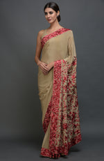 Beige Parsi Gara Hand Embroidered Saree