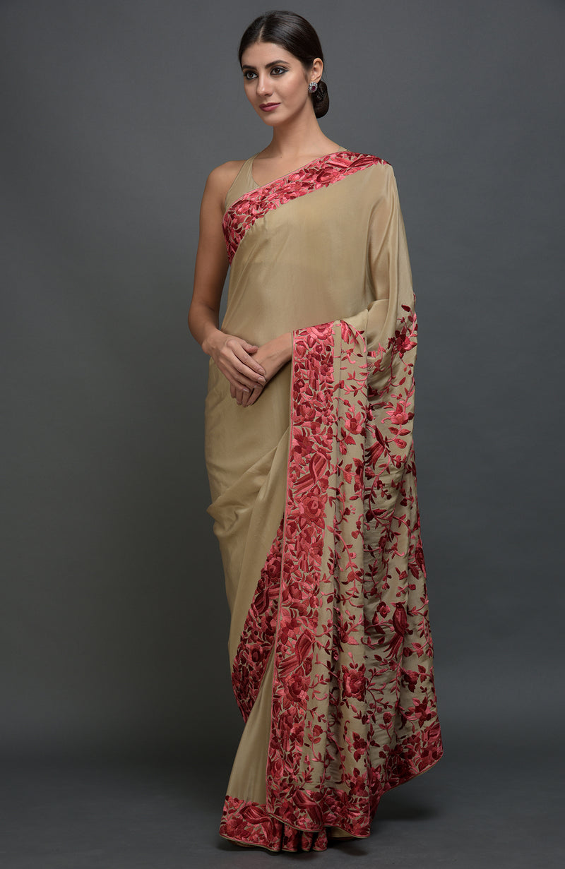 Beige Parsi Gara Hand Embroidered Saree