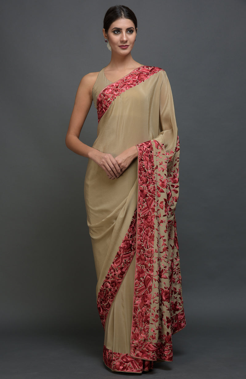 Beige Parsi Gara Hand Embroidered Saree