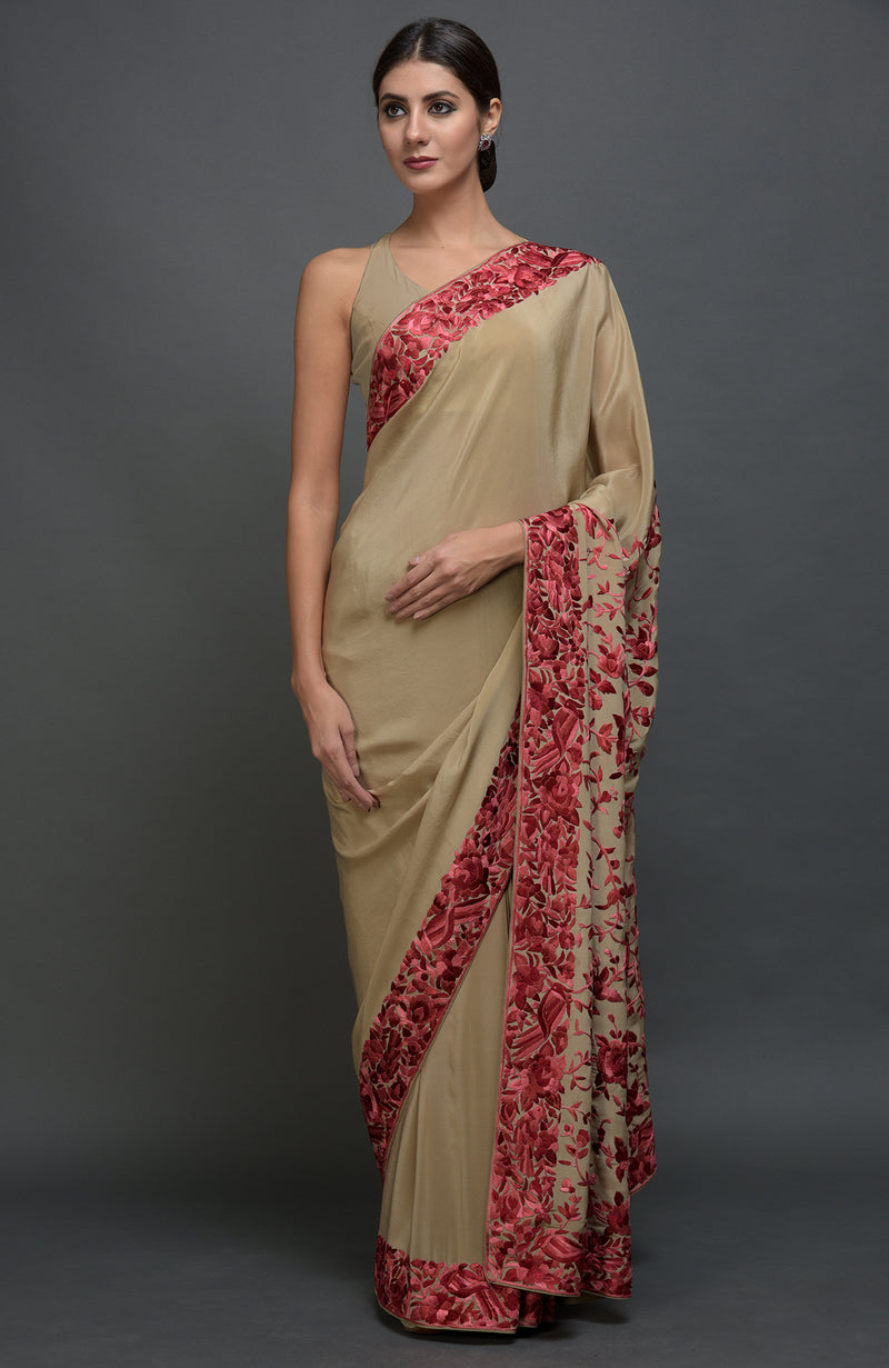 Beige Parsi Gara Hand Embroidered Saree