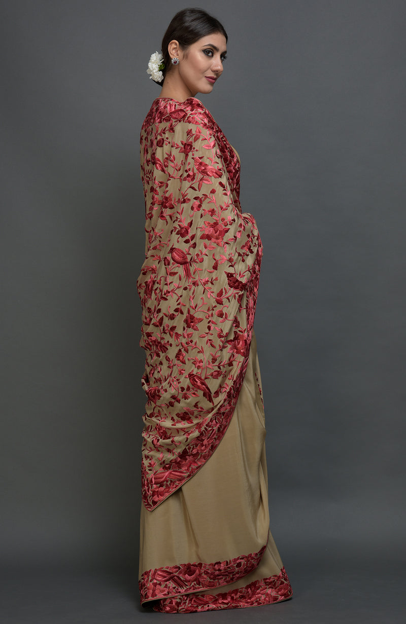 Beige Parsi Gara Hand Embroidered Saree
