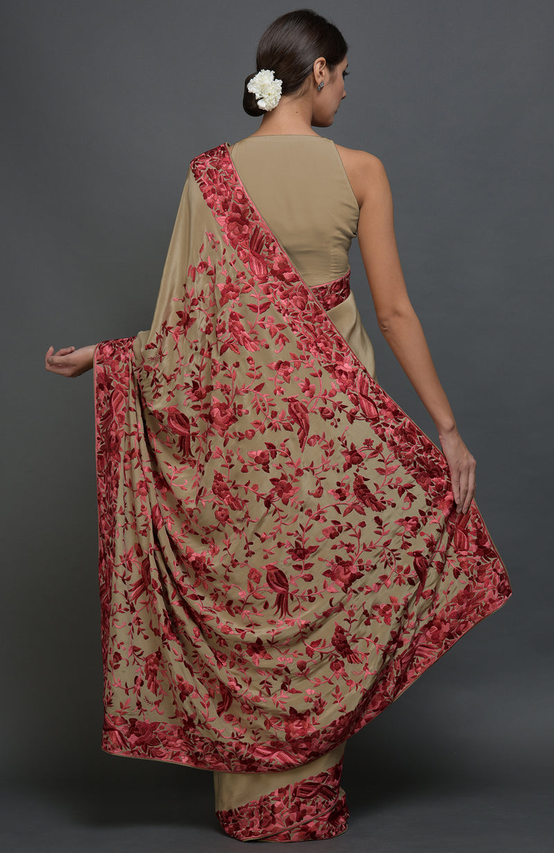 Beige Parsi Gara Hand Embroidered Saree
