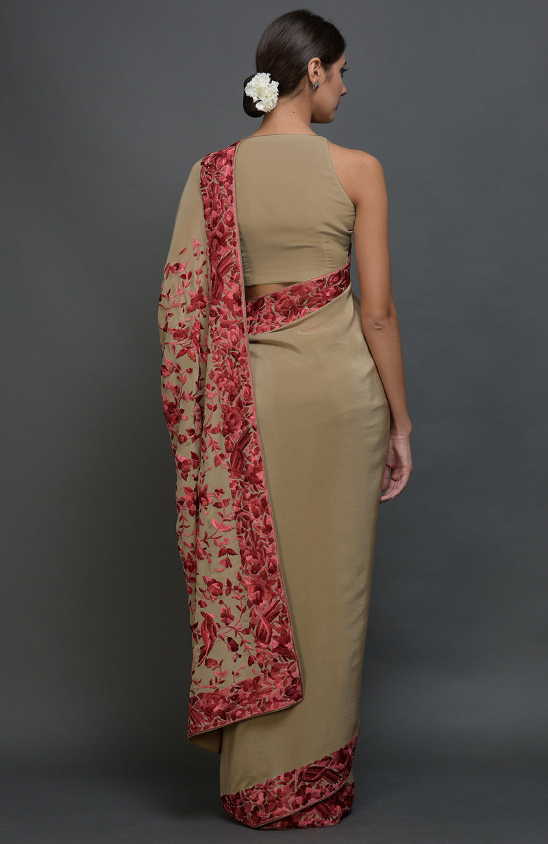 Beige Parsi Gara Hand Embroidered Saree