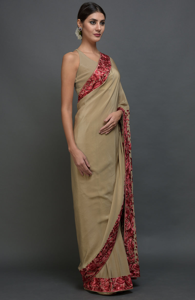 Beige Parsi Gara Hand Embroidered Saree