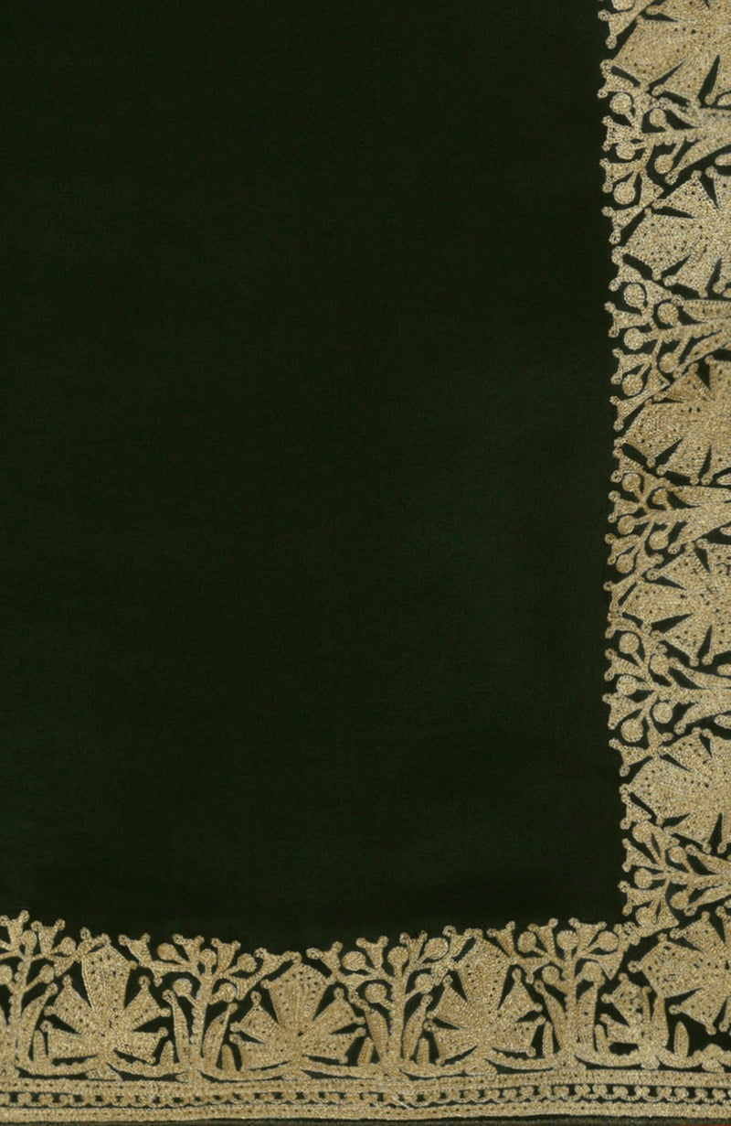 Bottle Green Kashmiri Tilla Aari Embroidered Pure Crepe Saree