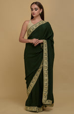 Bottle Green Kashmiri Tilla Aari Embroidered Pure Crepe Saree