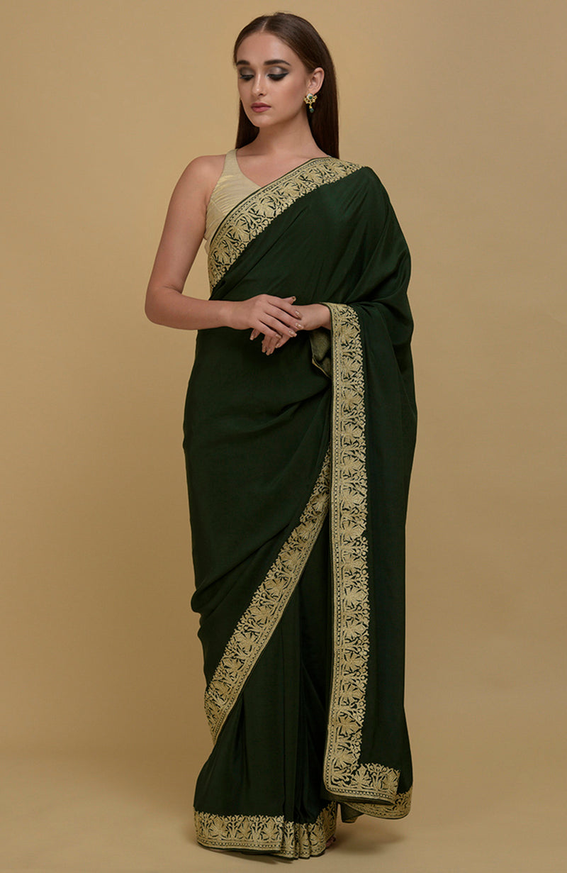 Bottle Green Kashmiri Tilla Aari Embroidered Pure Crepe Saree