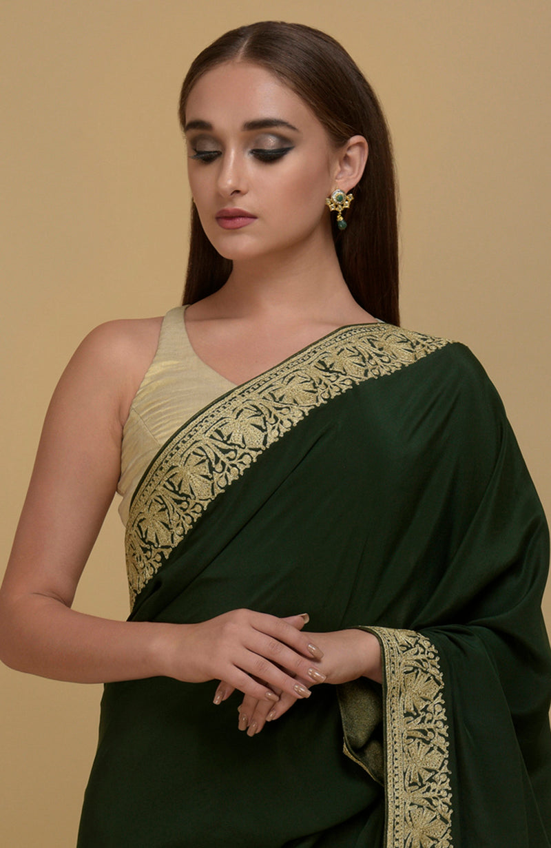 Bottle Green Kashmiri Tilla Aari Embroidered Pure Crepe Saree