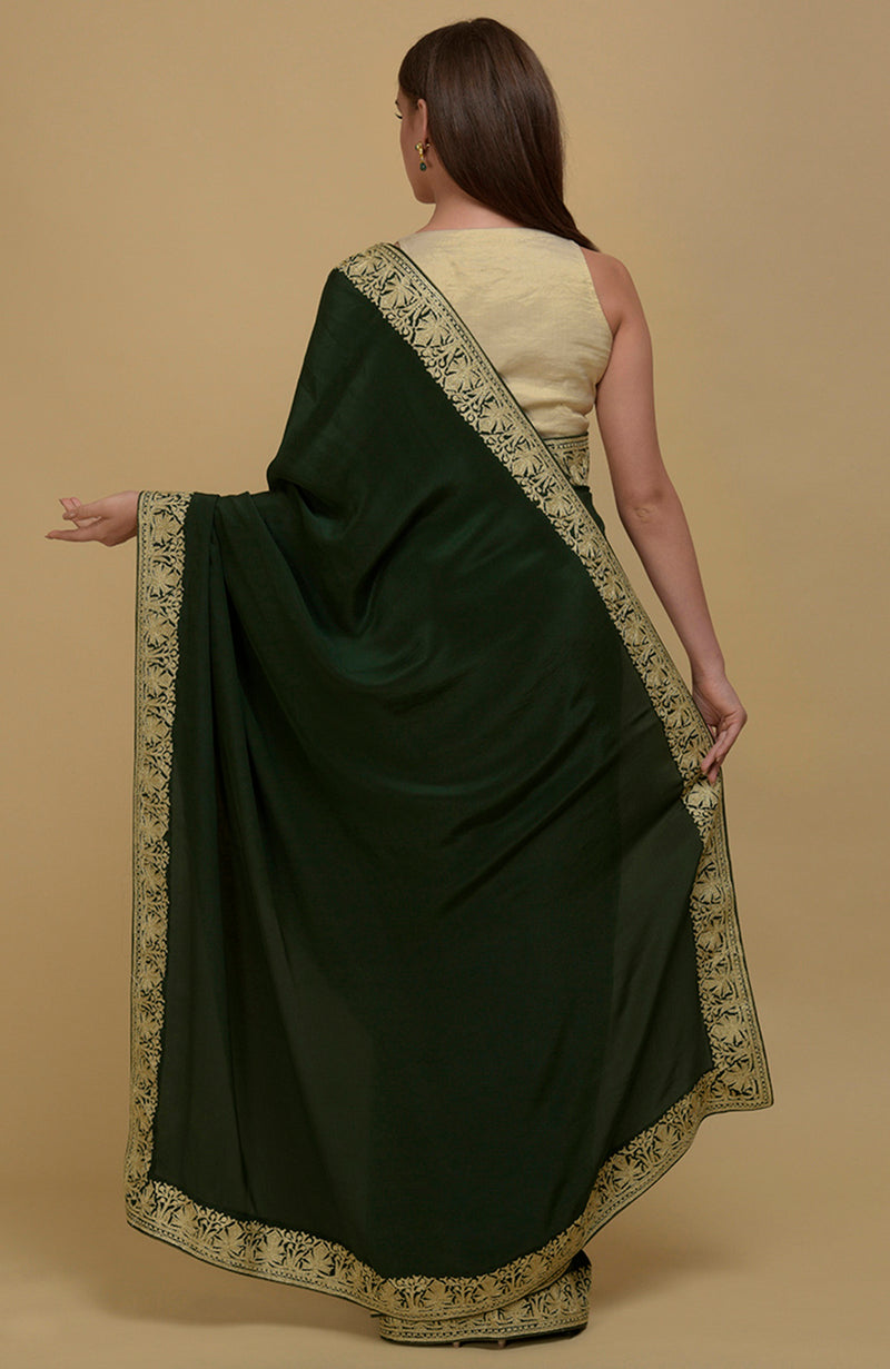 Bottle Green Kashmiri Tilla Aari Embroidered Pure Crepe Saree
