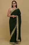 Bottle Green Kashmiri Tilla Aari Embroidered Pure Crepe Saree