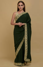 Bottle Green Kashmiri Tilla Aari Embroidered Pure Crepe Saree