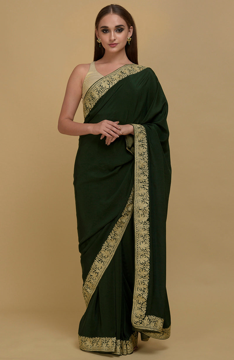 Bottle Green Kashmiri Tilla Aari Embroidered Pure Crepe Saree