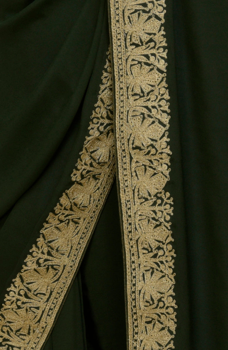 Bottle Green Kashmiri Tilla Aari Embroidered Pure Crepe Saree