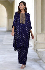 Navy Blue Handcrafted Bandhej Embroidered Co-Ord Set