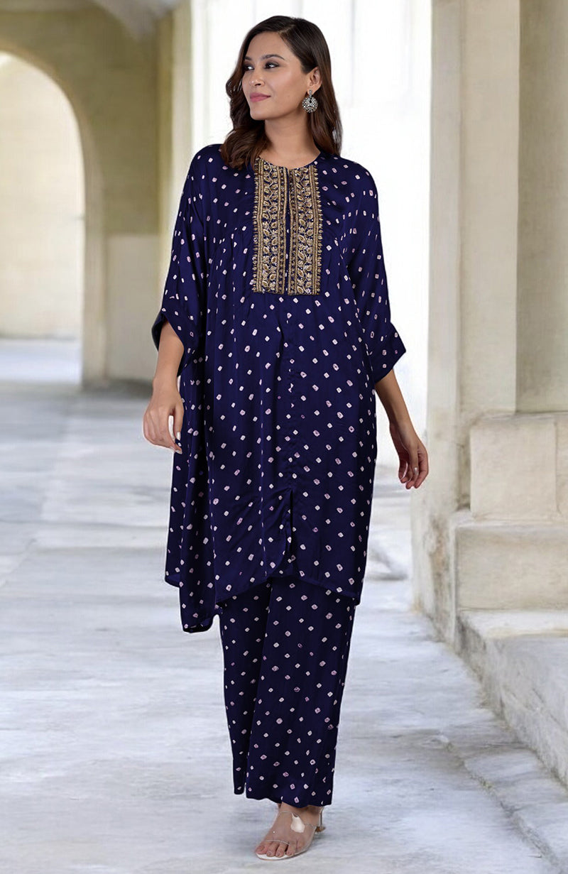 Navy Blue Handcrafted Bandhej Embroidered Co-Ord Set