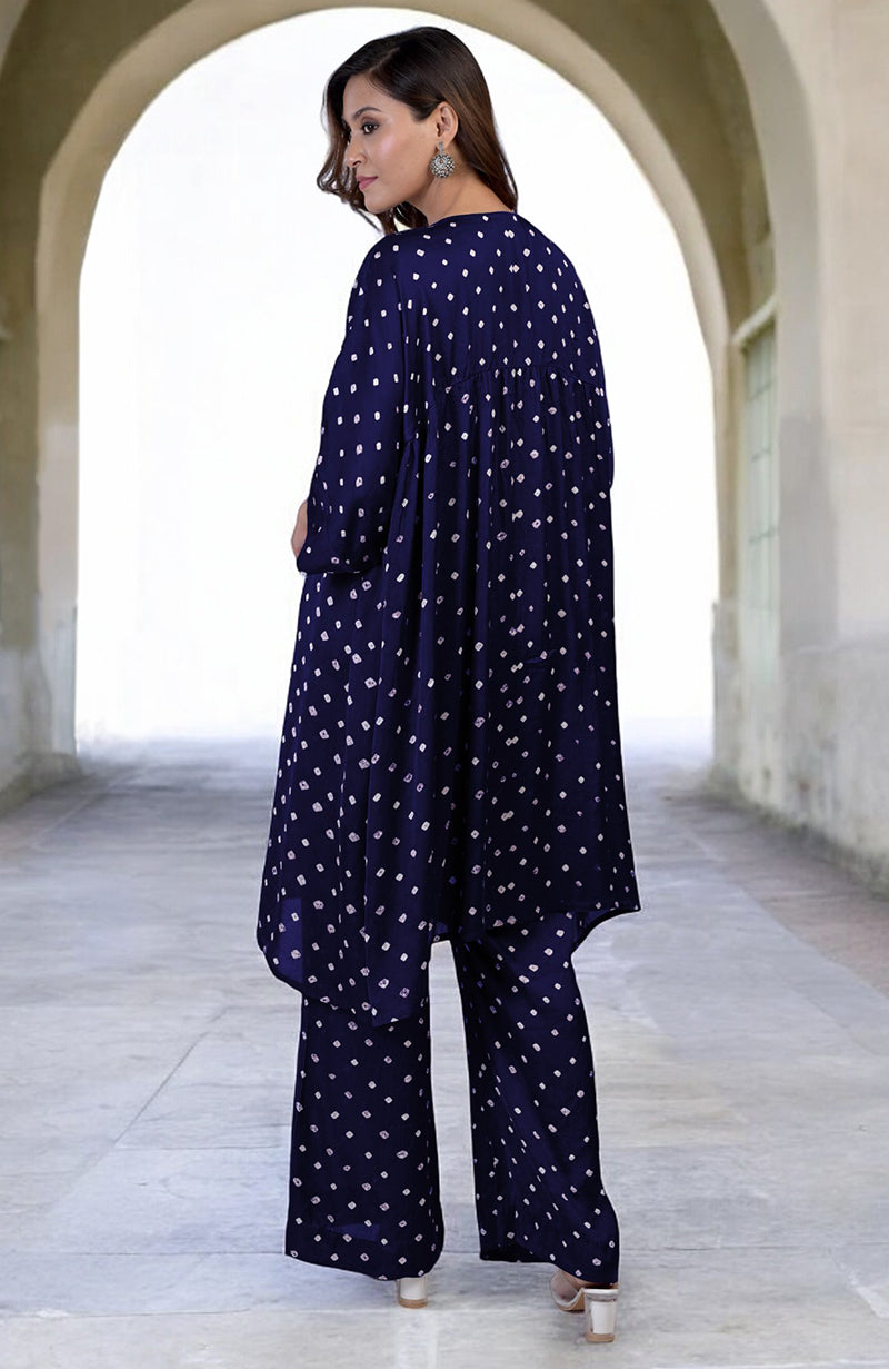 Navy Blue Handcrafted Bandhej Embroidered Co-Ord Set