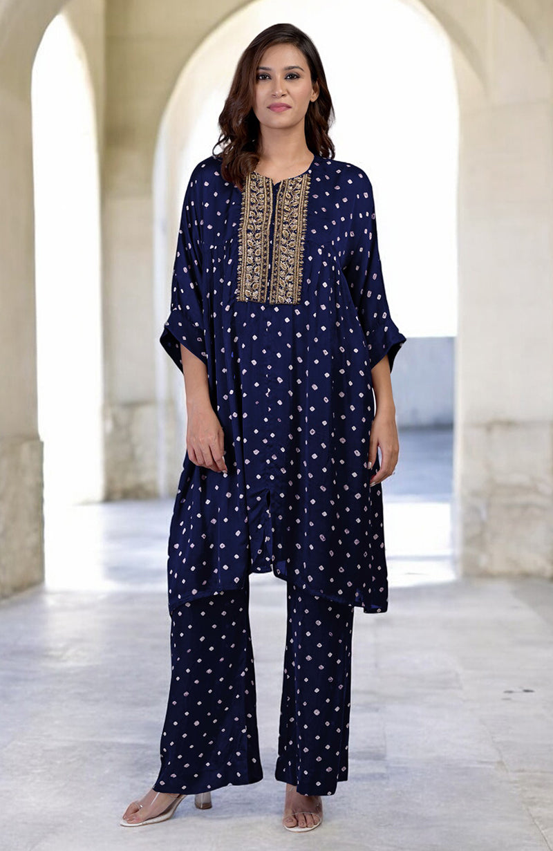 Navy Blue Handcrafted Bandhej Embroidered Co-Ord Set