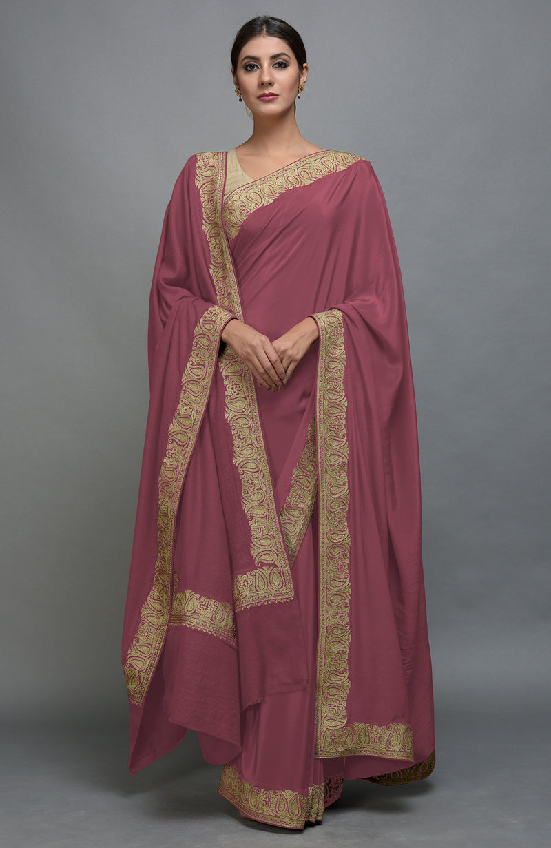 China Rose Kashmiri Tilla Aari Embroidered Saree & Pashmina Shawl Set