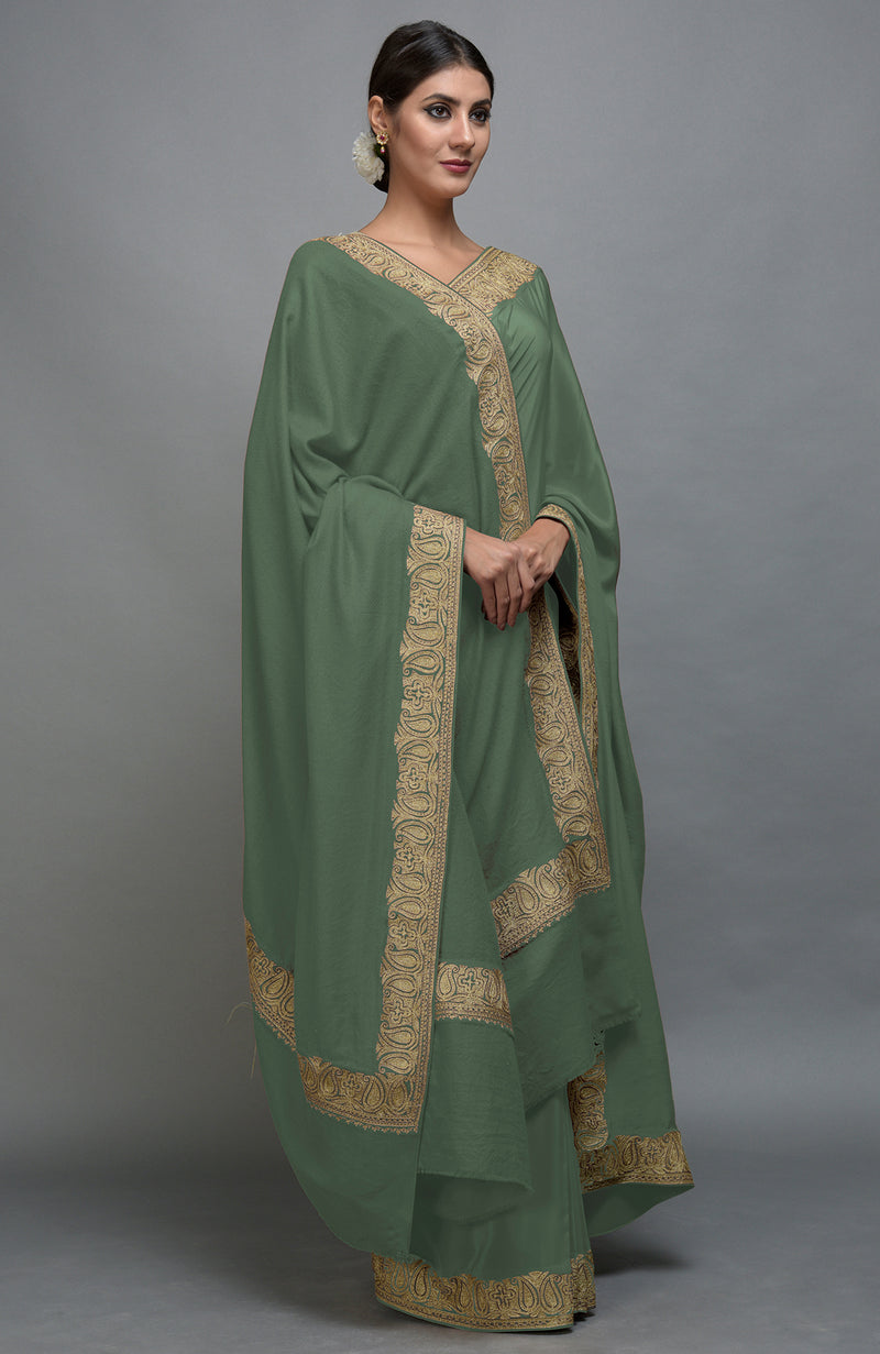 Navy Blue Kashmiri Tilla Aari Embroidered Saree & Pashmina Shawl Set