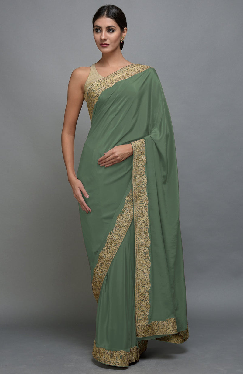 China Rose Kashmiri Tilla Aari Embroidered Pure Crepe Saree