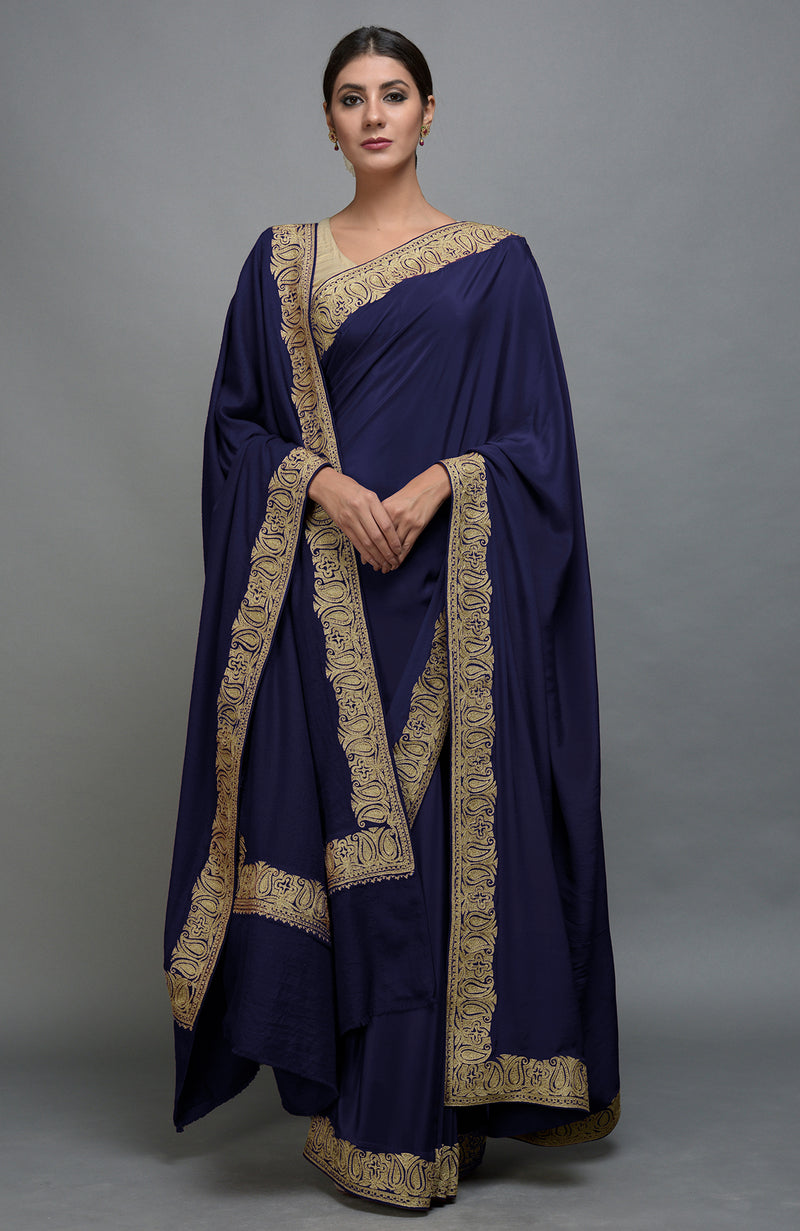 China Rose Kashmiri Tilla Aari Embroidered Saree & Pashmina Shawl Set