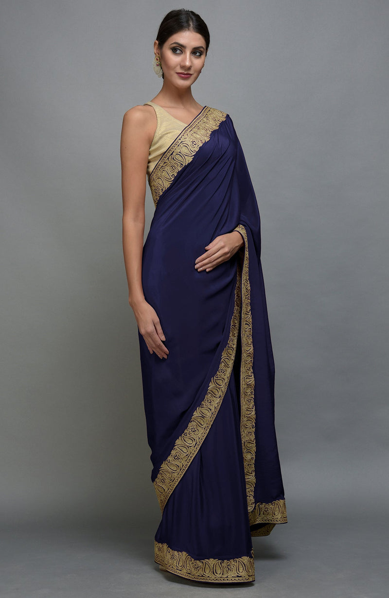 China Rose Kashmiri Tilla Aari Embroidered Pure Crepe Saree