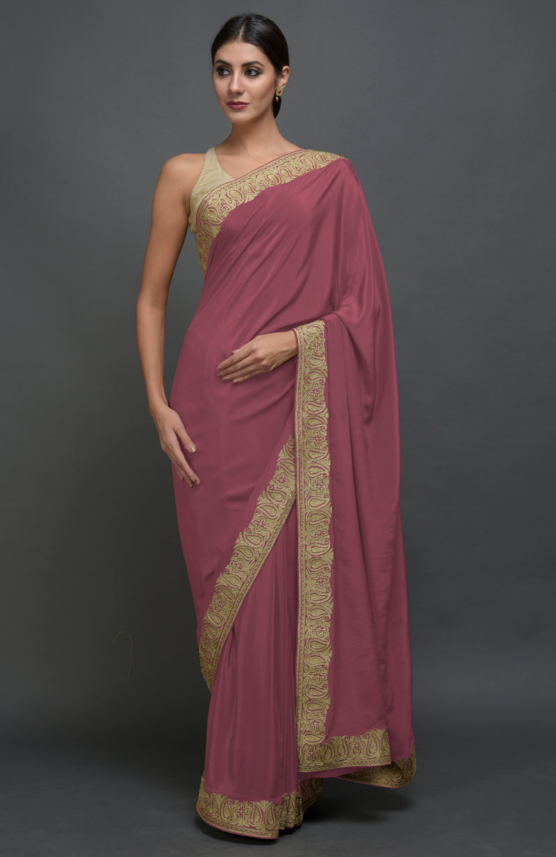 China Rose Kashmiri Tilla Aari Embroidered Pure Crepe Saree