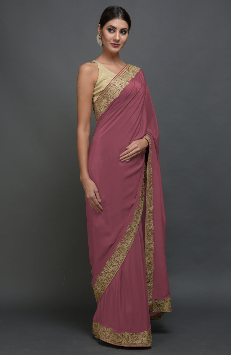 China Rose Kashmiri Tilla Aari Embroidered Pure Crepe Saree