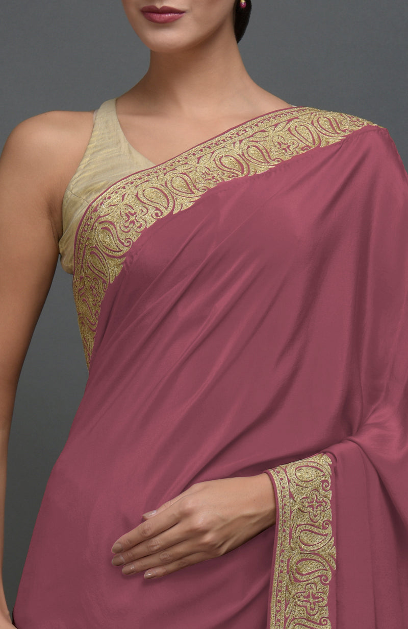 China Rose Kashmiri Tilla Aari Embroidered Pure Crepe Saree