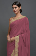 China Rose Kashmiri Tilla Aari Embroidered Pure Crepe Saree