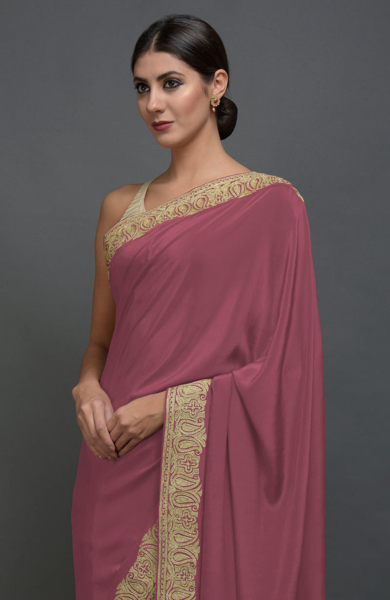 China Rose Kashmiri Tilla Aari Embroidered Pure Crepe Saree
