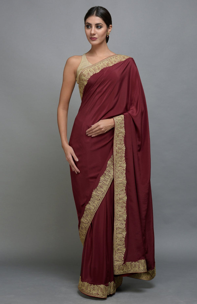 China Rose Kashmiri Tilla Aari Embroidered Pure Crepe Saree