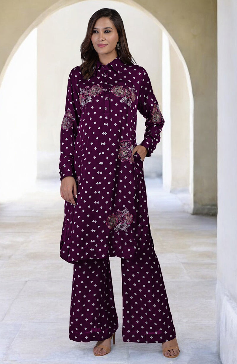 Plum Handcrafted Bandhej Embroidered Co-Ord Set