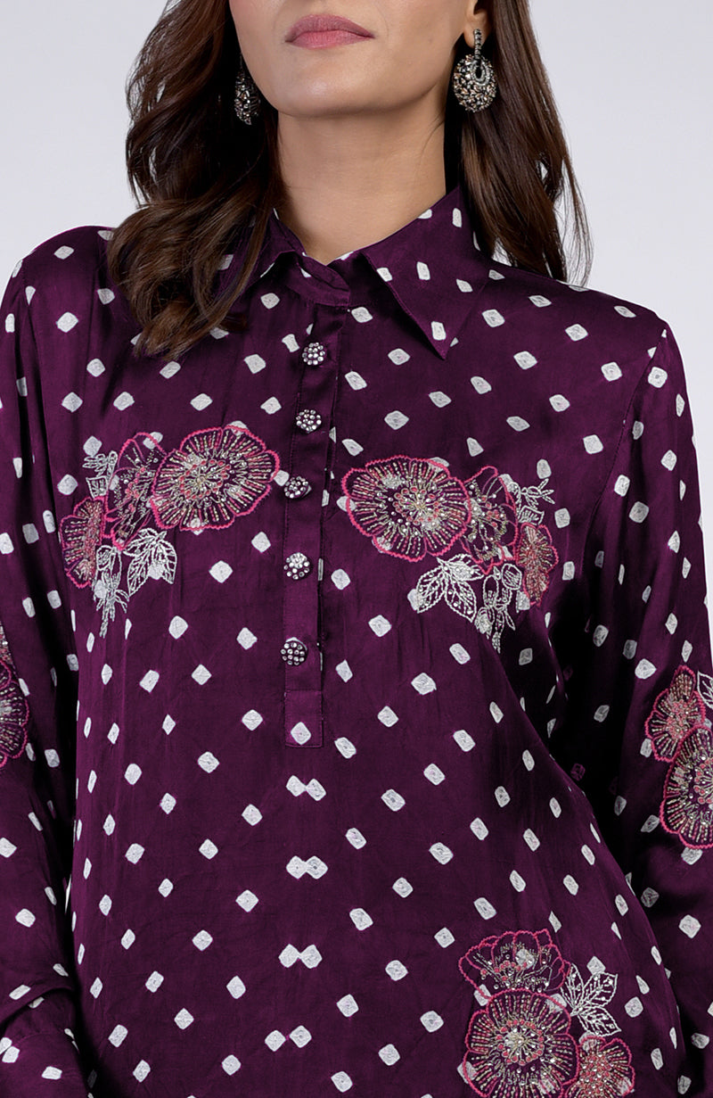 Plum Handcrafted Bandhej Embroidered Co-Ord Set