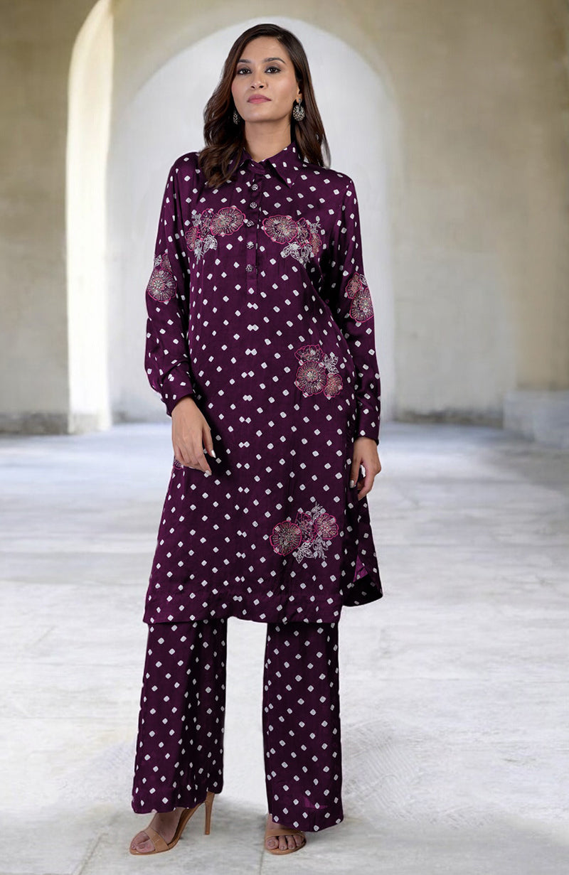 Plum Handcrafted Bandhej Embroidered Co-Ord Set