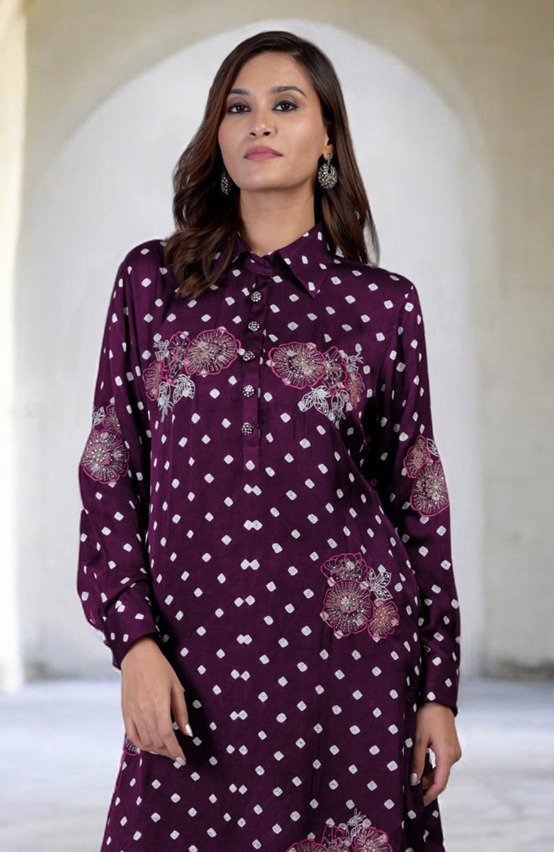 Plum Handcrafted Bandhej Embroidered Co-Ord Set