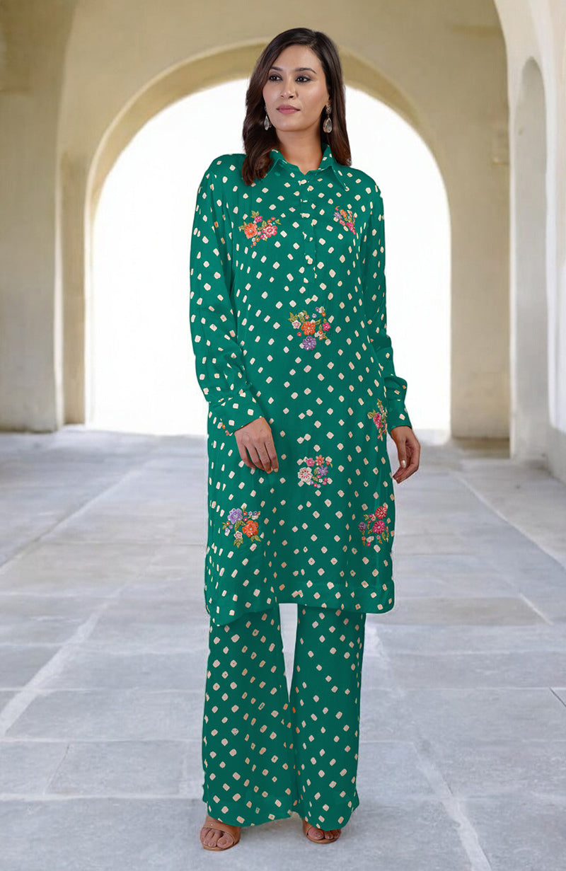 Emerald Green Handcrafted Bandhej Embroidered Co-Ord Set