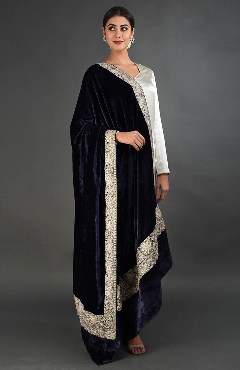 Midnight Blue Kashmiri Tilla Embroidered Dupatta Shawl