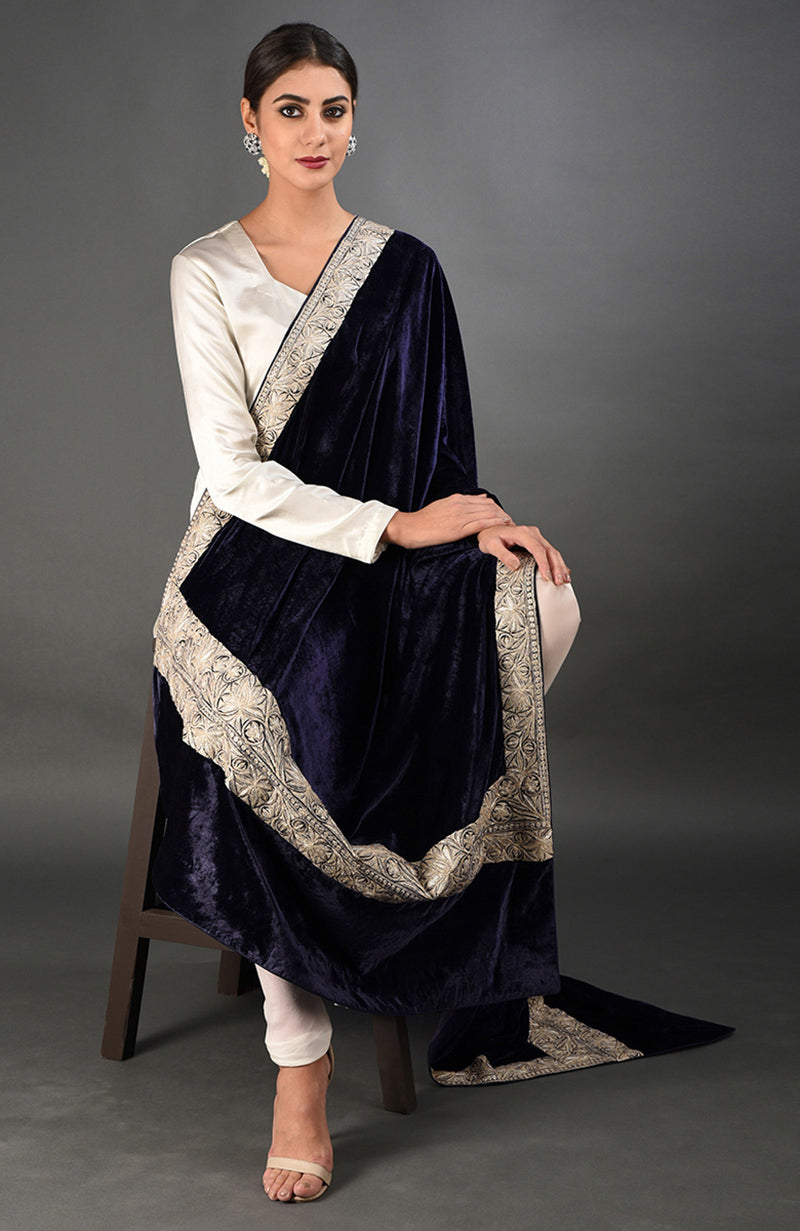 Midnight Blue Kashmiri Tilla Embroidered Dupatta Shawl