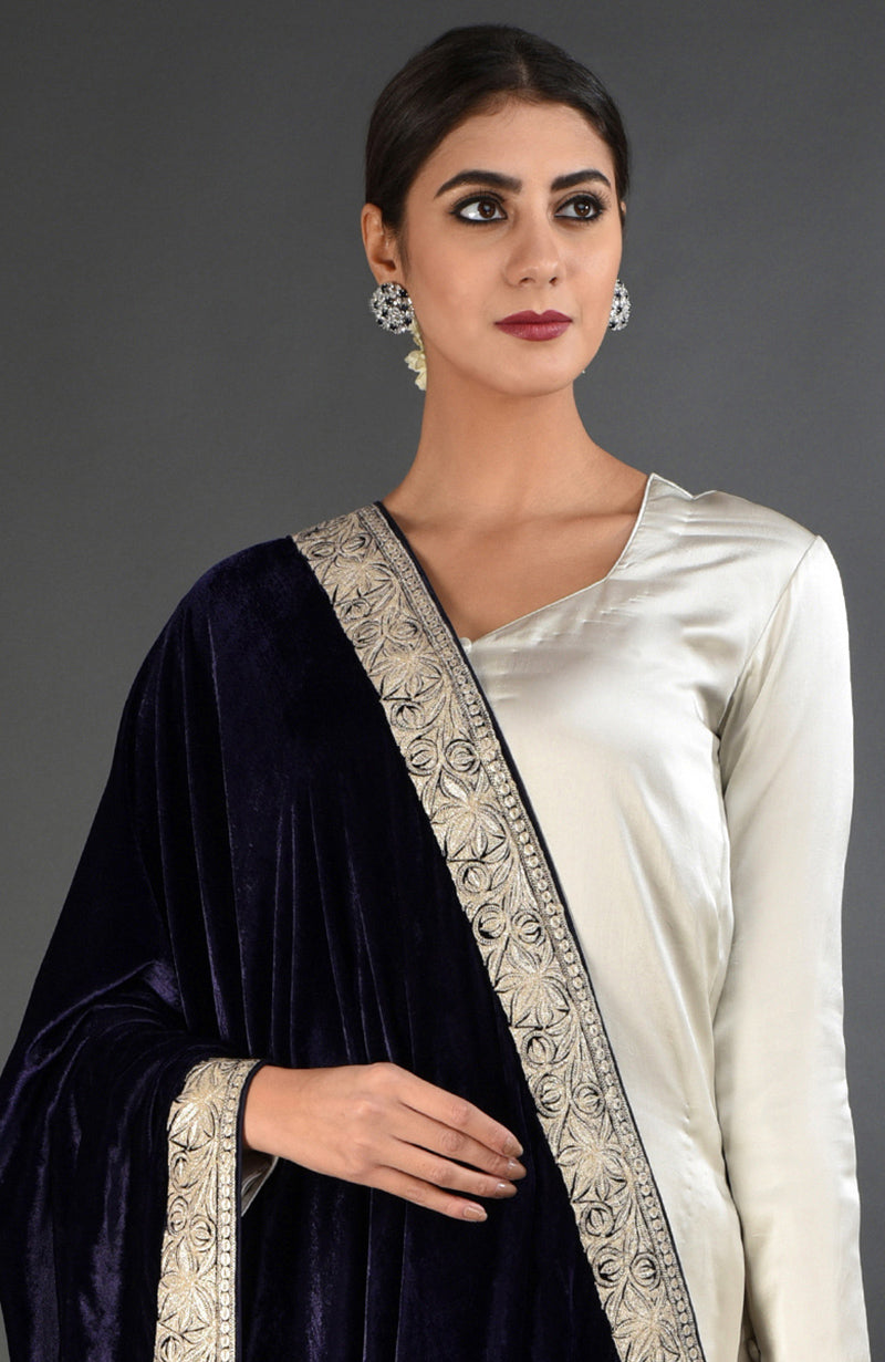 Midnight Blue Kashmiri Tilla Embroidered Dupatta Shawl