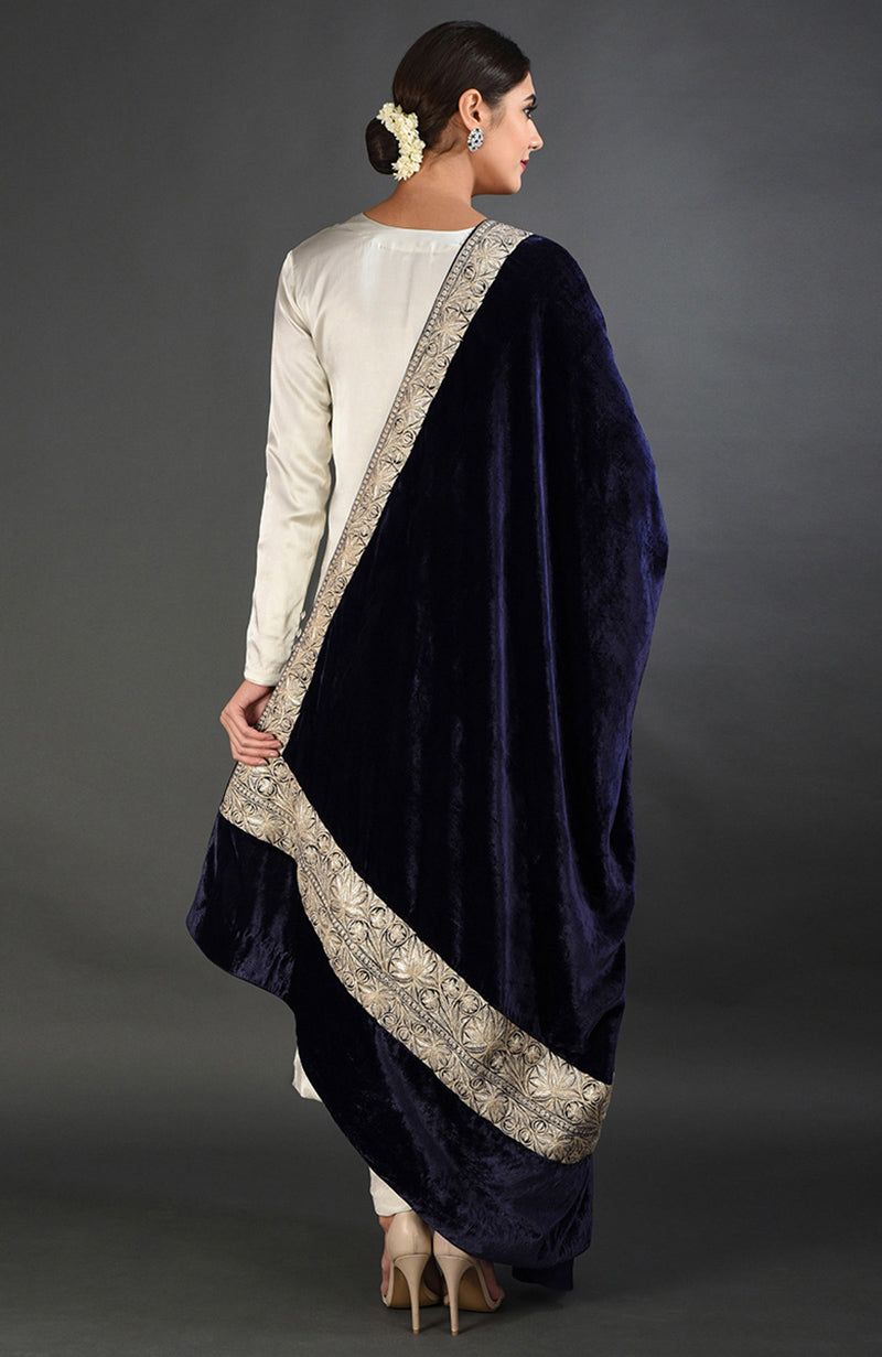 Midnight Blue Kashmiri Tilla Embroidered Dupatta Shawl