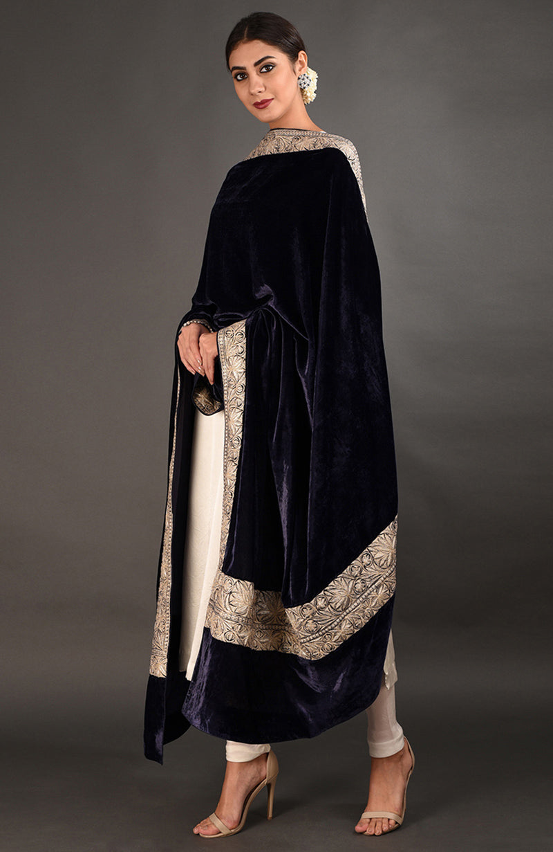 Midnight Blue Kashmiri Tilla Embroidered Dupatta Shawl