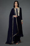 Midnight Blue Silk-Velvet Kashmiri Tilla Embroidered Suit