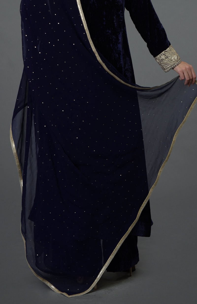 Midnight Blue Silk-Velvet Kashmiri Tilla Embroidered Suit