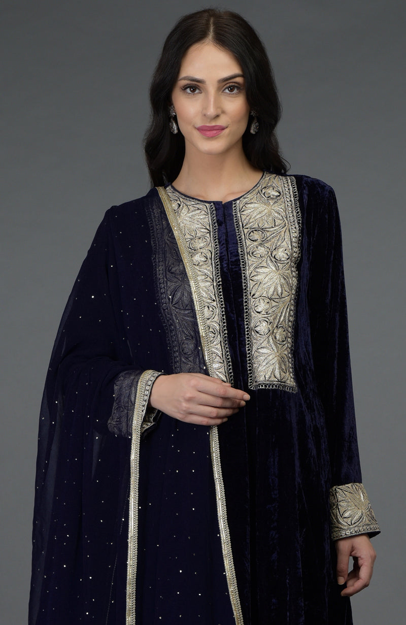 Midnight Blue Silk-Velvet Kashmiri Tilla Embroidered Suit