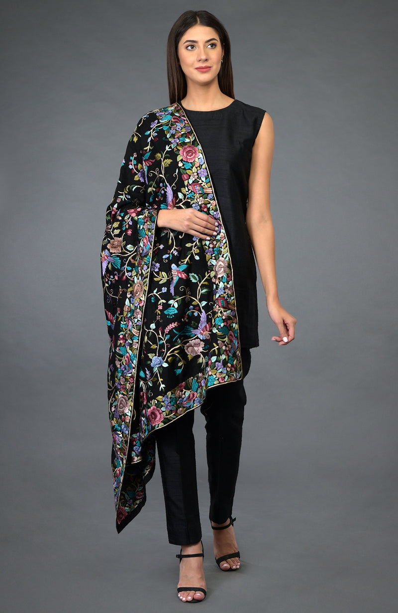 Black Parsi Gara Pure Pashmina Shawl